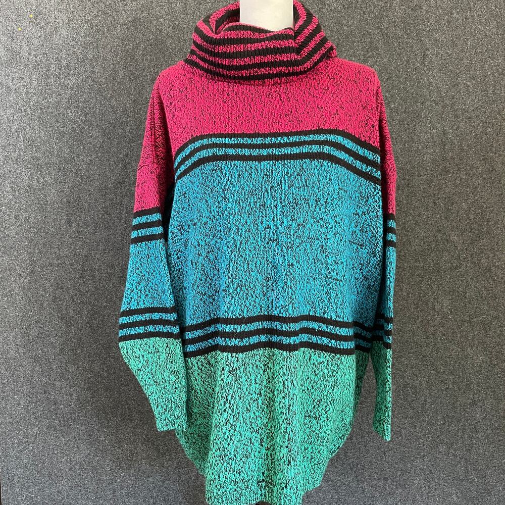 Stefano Oversized Turtleneck Tunic Sweater Pink Teal  One Size Ski Lodge Winter